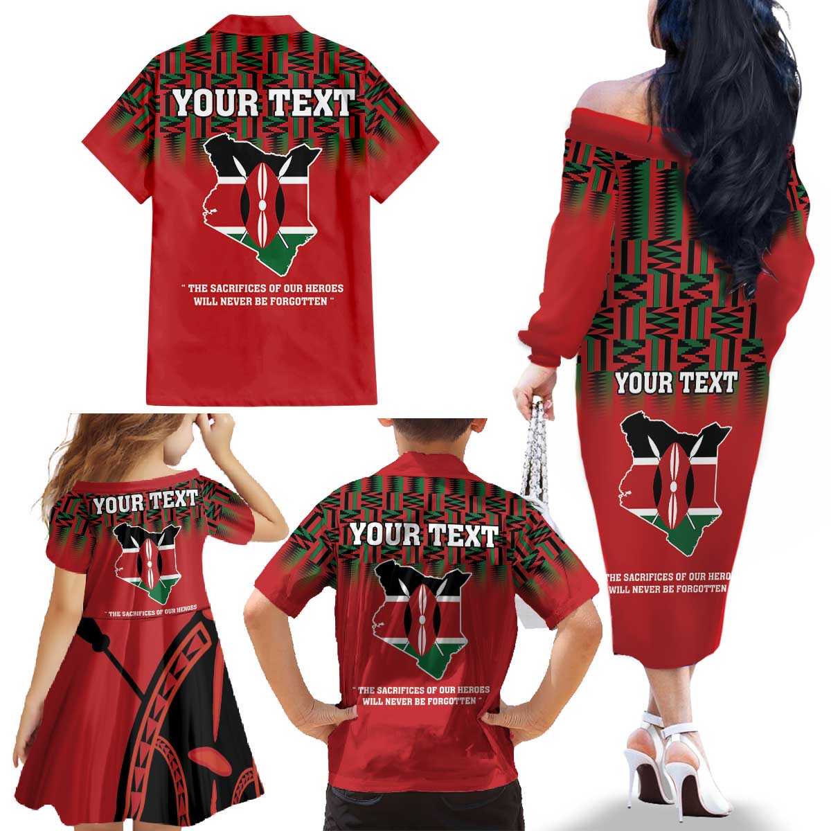 Personalized Kenya Mashujaa Day Family Matching Off The Shoulder Long Sleeve Dress and Hawaiian Shirt Mzee Jomo Kenyatta With Coat Of Arms - Wonder Print Shop
