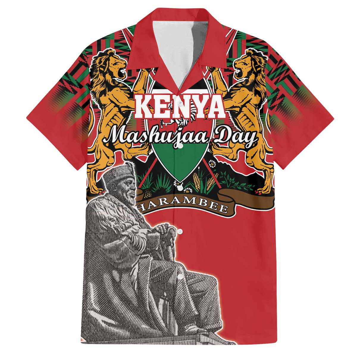 Personalized Kenya Mashujaa Day Family Matching Off The Shoulder Long Sleeve Dress and Hawaiian Shirt Mzee Jomo Kenyatta With Coat Of Arms - Wonder Print Shop