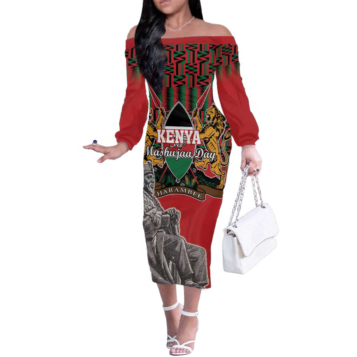 Personalized Kenya Mashujaa Day Family Matching Off The Shoulder Long Sleeve Dress and Hawaiian Shirt Mzee Jomo Kenyatta With Coat Of Arms - Wonder Print Shop