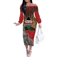 Personalized Kenya Mashujaa Day Family Matching Off The Shoulder Long Sleeve Dress and Hawaiian Shirt Mzee Jomo Kenyatta With Coat Of Arms - Wonder Print Shop