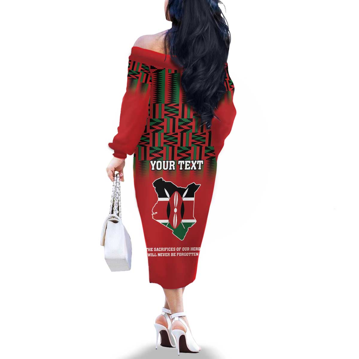 Personalized Kenya Mashujaa Day Family Matching Off The Shoulder Long Sleeve Dress and Hawaiian Shirt Mzee Jomo Kenyatta With Coat Of Arms - Wonder Print Shop