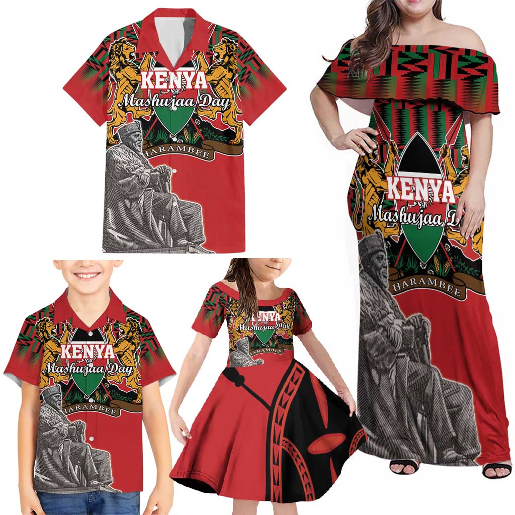 Personalized Kenya Mashujaa Day Family Matching Off Shoulder Maxi Dress and Hawaiian Shirt Mzee Jomo Kenyatta With Coat Of Arms - Wonder Print Shop