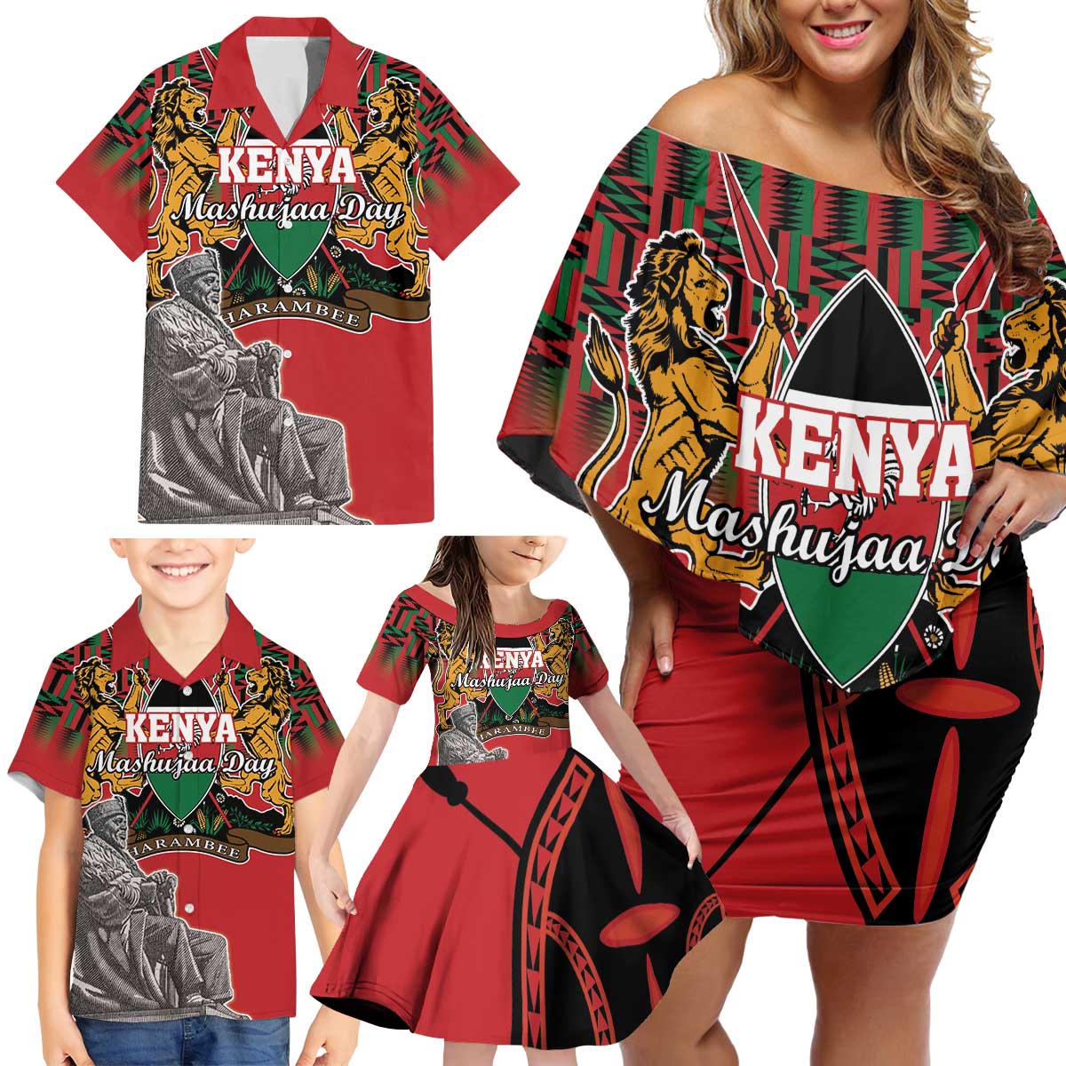 Personalized Kenya Mashujaa Day Family Matching Off Shoulder Short Dress and Hawaiian Shirt Mzee Jomo Kenyatta With Coat Of Arms - Wonder Print Shop