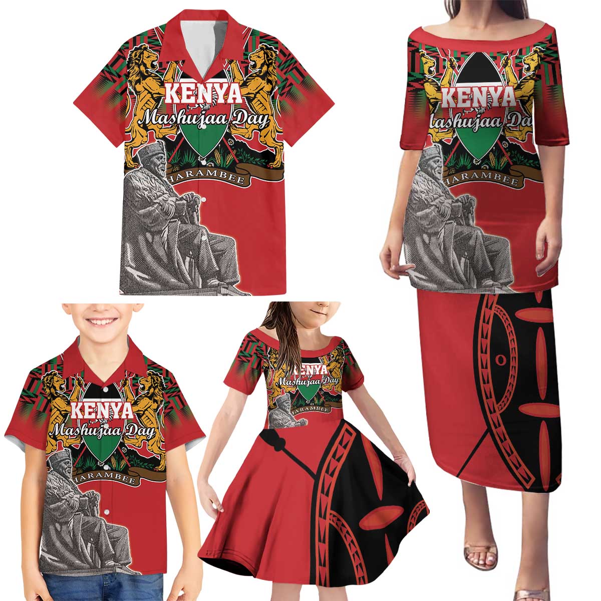 Personalized Kenya Mashujaa Day Family Matching Puletasi and Hawaiian Shirt Mzee Jomo Kenyatta With Coat Of Arms - Wonder Print Shop