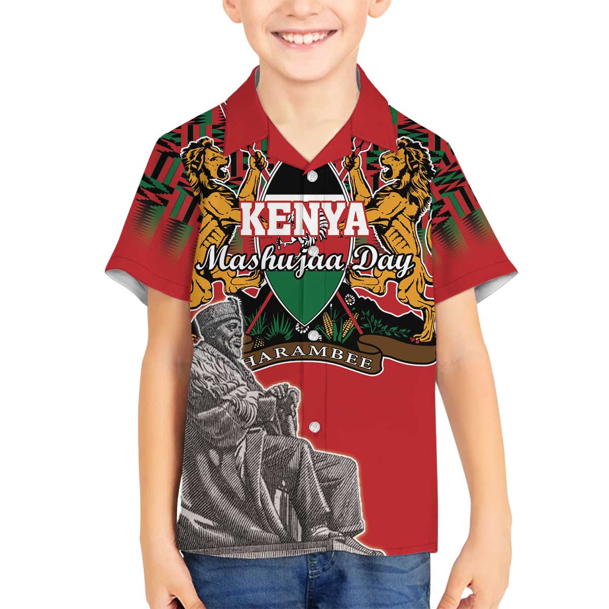 Personalized Kenya Mashujaa Day Family Matching Puletasi and Hawaiian Shirt Mzee Jomo Kenyatta With Coat Of Arms - Wonder Print Shop