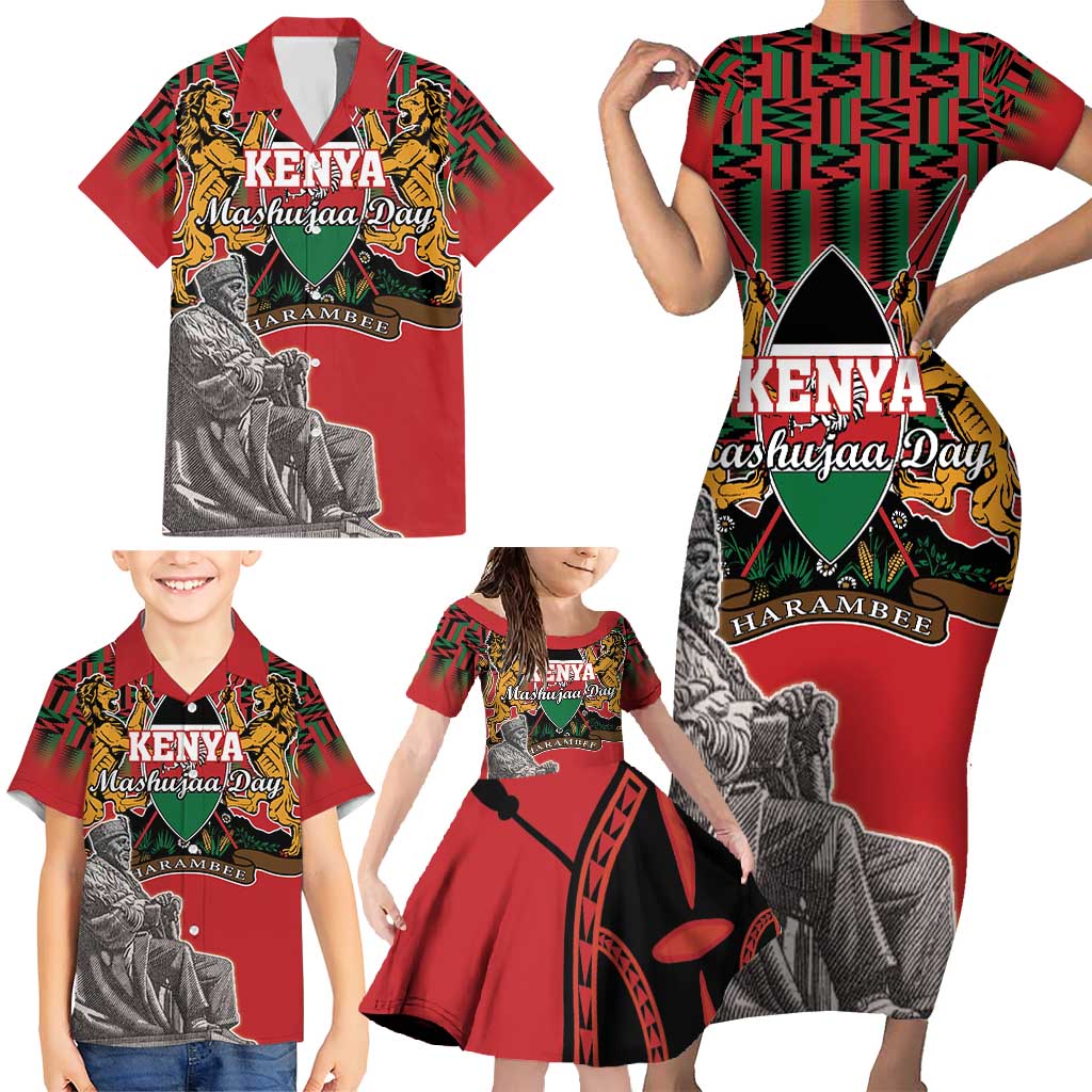 Personalized Kenya Mashujaa Day Family Matching Short Sleeve Bodycon Dress and Hawaiian Shirt Mzee Jomo Kenyatta With Coat Of Arms - Wonder Print Shop