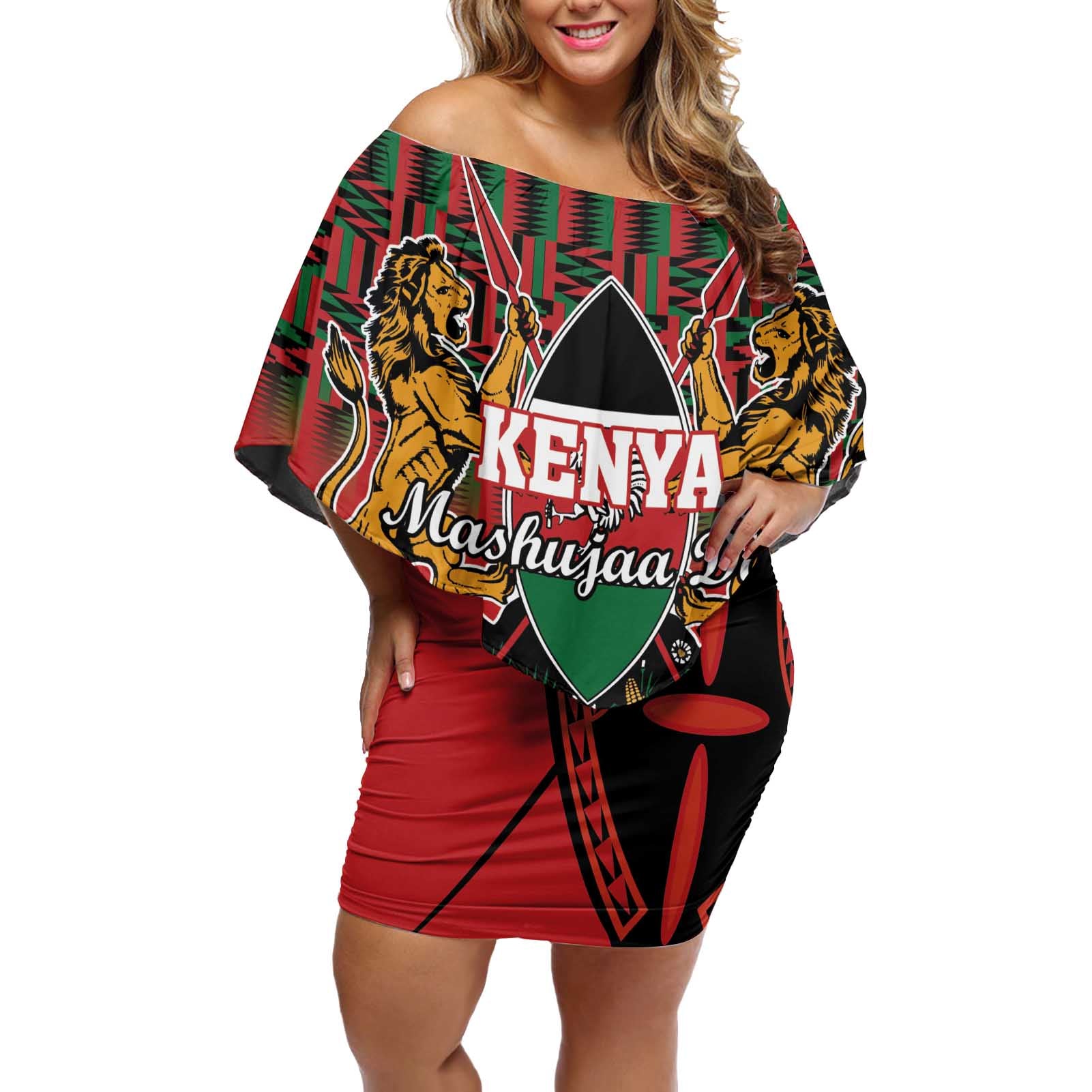 Personalized Kenya Mashujaa Day Off Shoulder Short Dress Mzee Jomo Kenyatta With Coat Of Arms - Wonder Print Shop