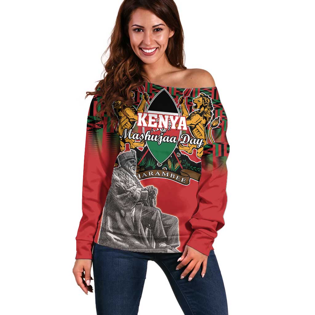Personalized Kenya Mashujaa Day Off Shoulder Sweater Mzee Jomo Kenyatta With Coat Of Arms - Wonder Print Shop