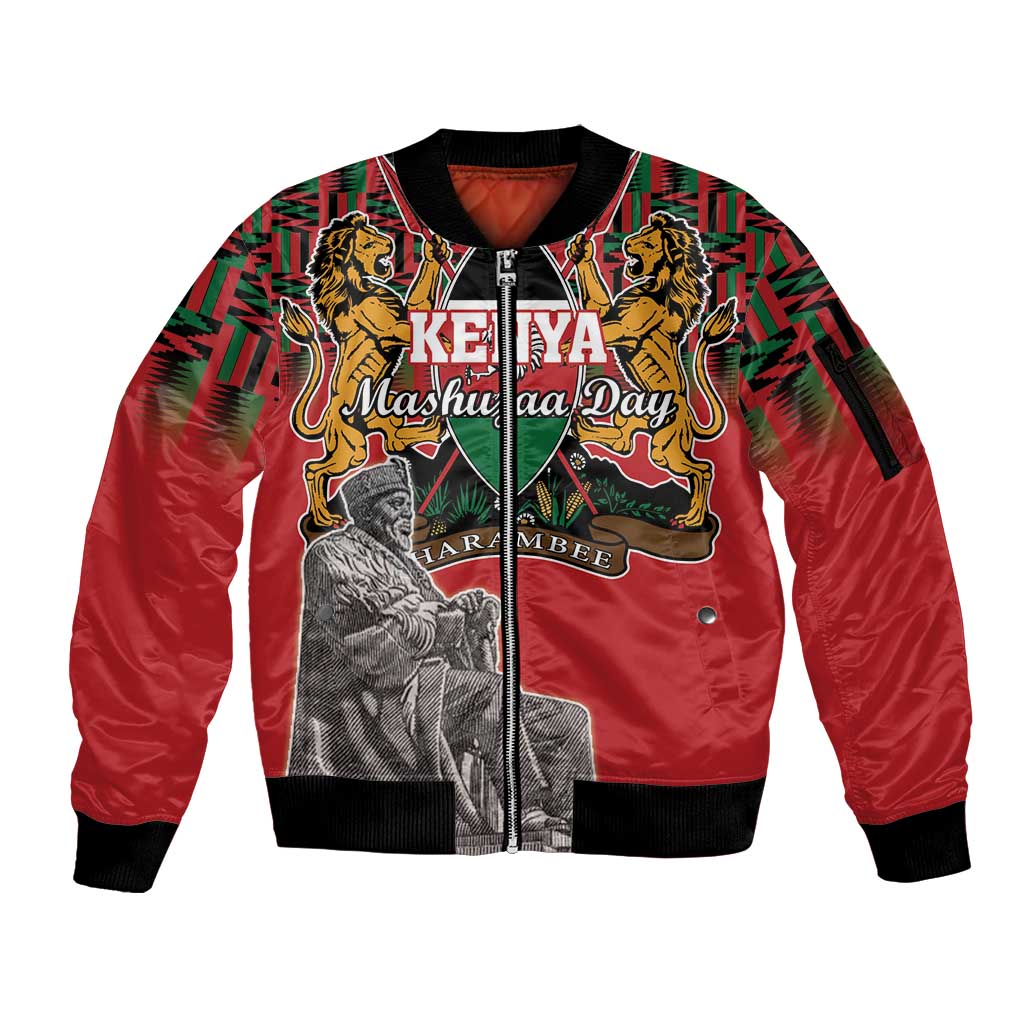Personalized Kenya Mashujaa Day Sleeve Zip Bomber Jacket Mzee Jomo Kenyatta With Coat Of Arms - Wonder Print Shop