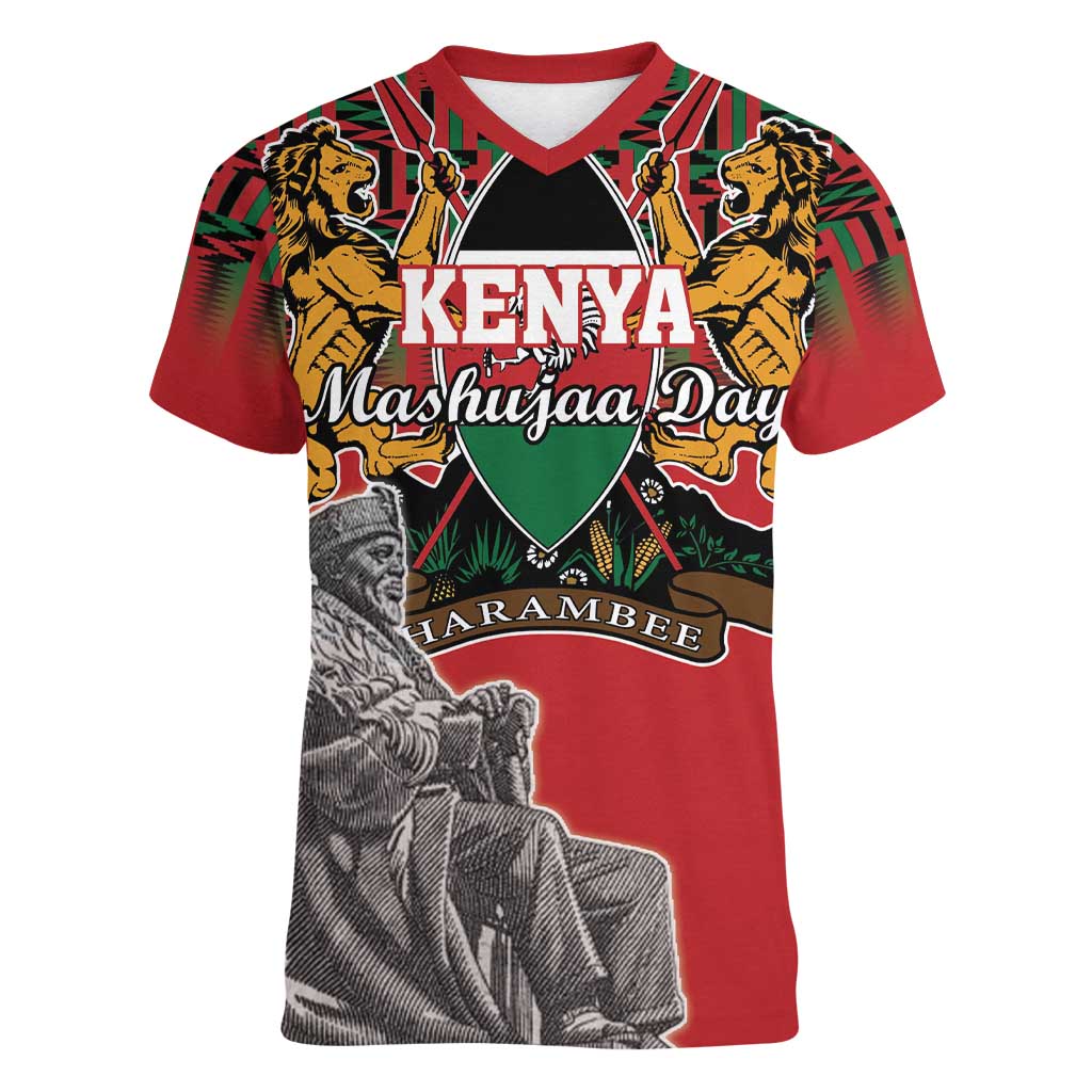 Personalized Kenya Mashujaa Day Women V-Neck T-Shirt Mzee Jomo Kenyatta With Coat Of Arms - Wonder Print Shop