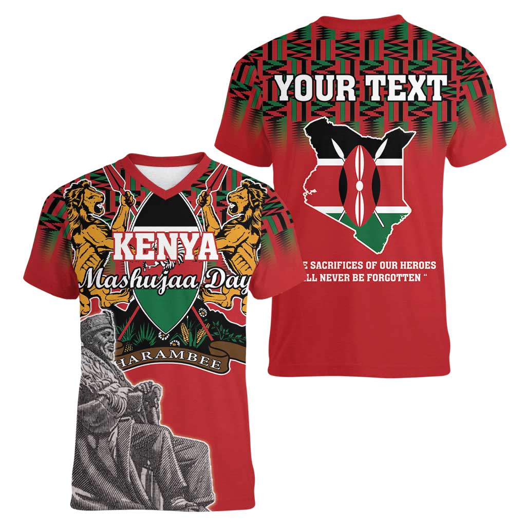Personalized Kenya Mashujaa Day Women V-Neck T-Shirt Mzee Jomo Kenyatta With Coat Of Arms - Wonder Print Shop