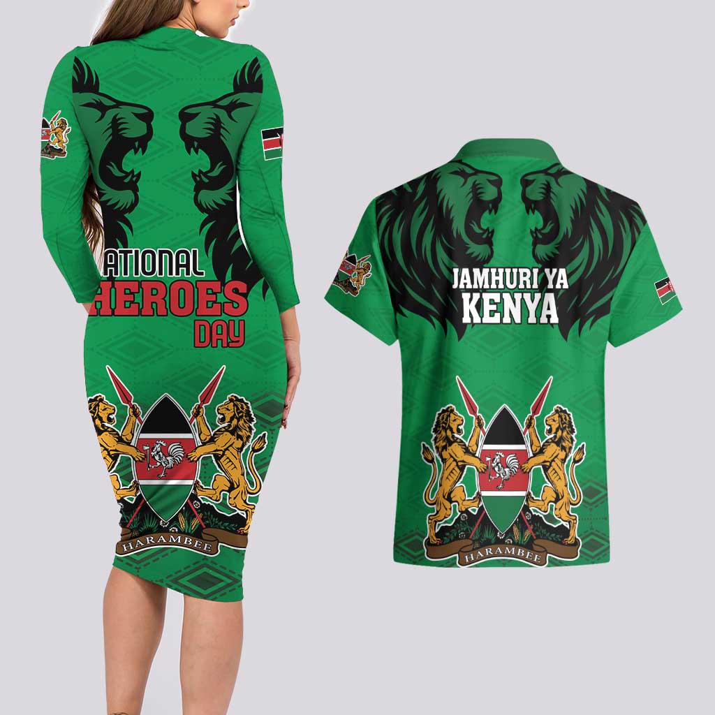 Kenya National Heroes Day Couples Matching Long Sleeve Bodycon Dress and Hawaiian Shirt Mashujaa With Lion Head And Coat Of Arms - Wonder Print Shop