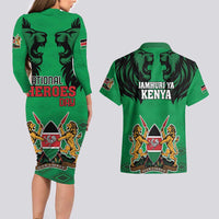 Kenya National Heroes Day Couples Matching Long Sleeve Bodycon Dress and Hawaiian Shirt Mashujaa With Lion Head And Coat Of Arms - Wonder Print Shop