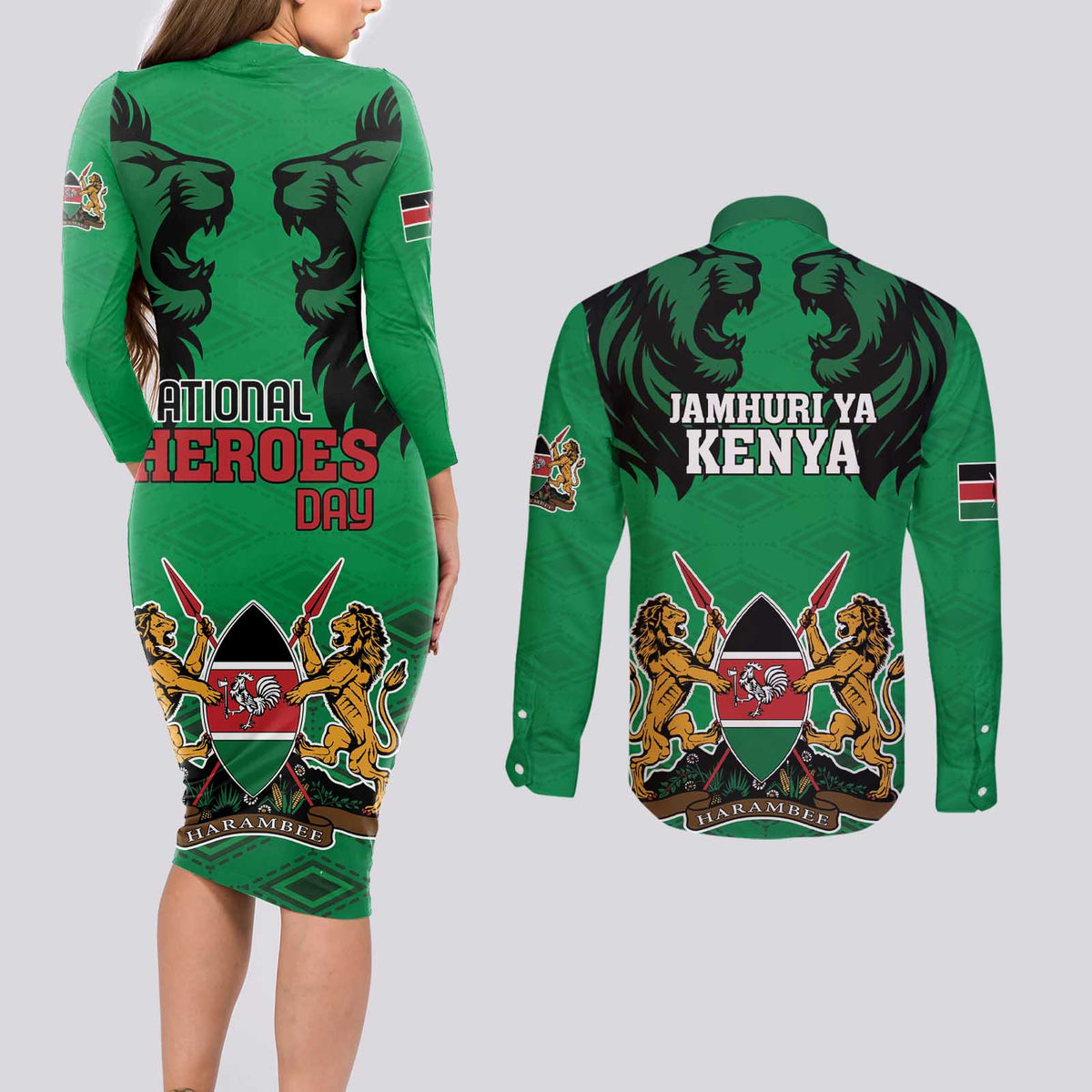 Kenya National Heroes Day Couples Matching Long Sleeve Bodycon Dress and Long Sleeve Button Shirt Mashujaa With Lion Head And Coat Of Arms - Wonder Print Shop