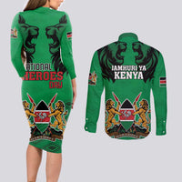 Kenya National Heroes Day Couples Matching Long Sleeve Bodycon Dress and Long Sleeve Button Shirt Mashujaa With Lion Head And Coat Of Arms - Wonder Print Shop