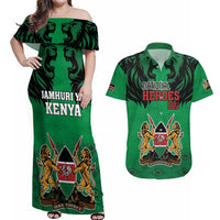 Kenya National Heroes Day Couples Matching Off Shoulder Maxi Dress and Hawaiian Shirt Mashujaa With Lion Head And Coat Of Arms - Wonder Print Shop