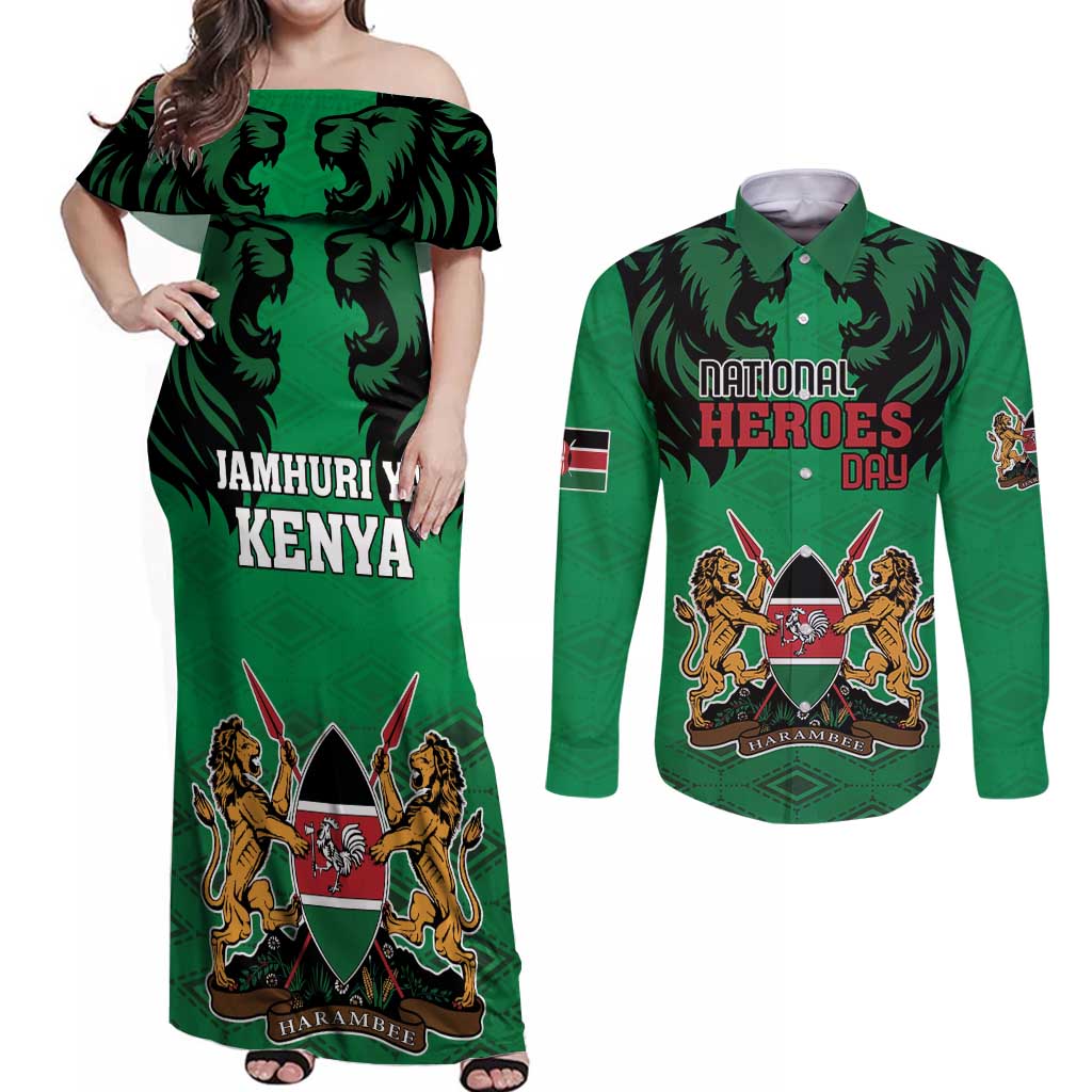 Kenya National Heroes Day Couples Matching Off Shoulder Maxi Dress and Long Sleeve Button Shirt Mashujaa With Lion Head And Coat Of Arms - Wonder Print Shop