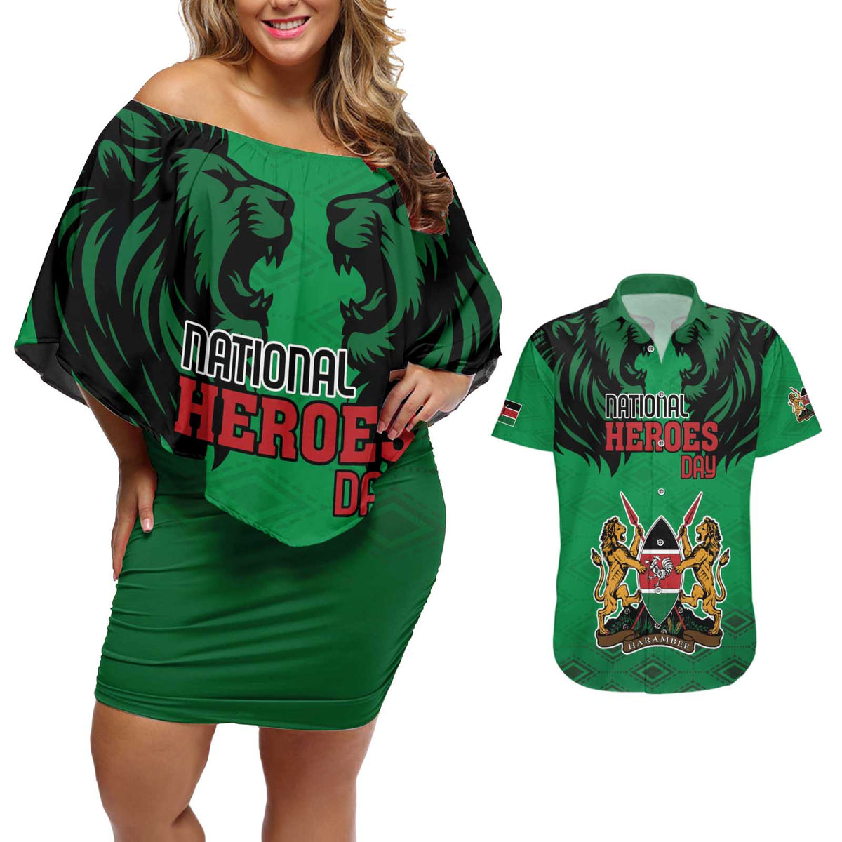 Kenya National Heroes Day Couples Matching Off Shoulder Short Dress and Hawaiian Shirt Mashujaa With Lion Head And Coat Of Arms - Wonder Print Shop