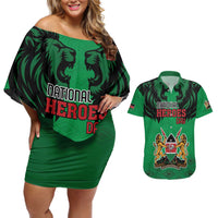 Kenya National Heroes Day Couples Matching Off Shoulder Short Dress and Hawaiian Shirt Mashujaa With Lion Head And Coat Of Arms - Wonder Print Shop