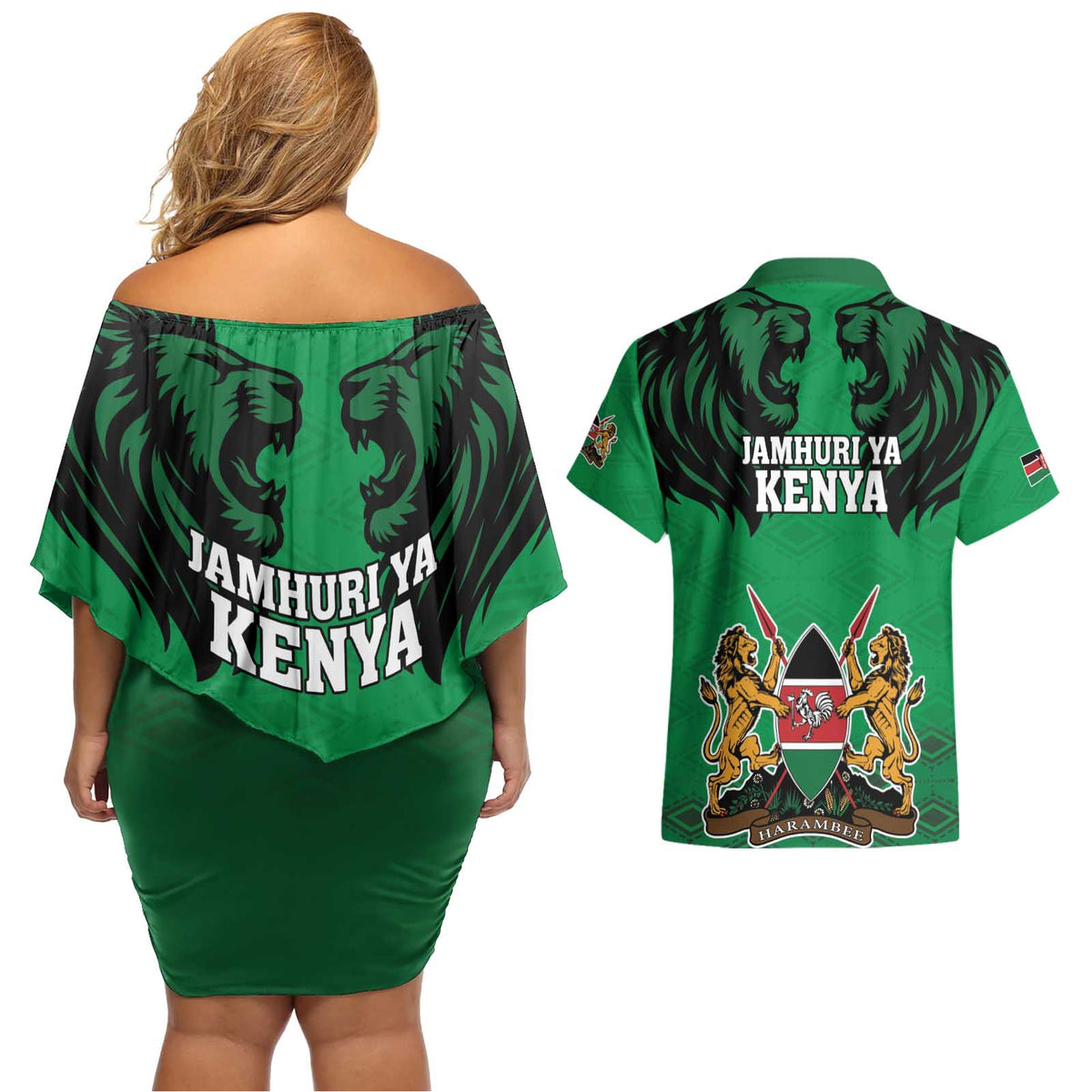 Kenya National Heroes Day Couples Matching Off Shoulder Short Dress and Hawaiian Shirt Mashujaa With Lion Head And Coat Of Arms - Wonder Print Shop