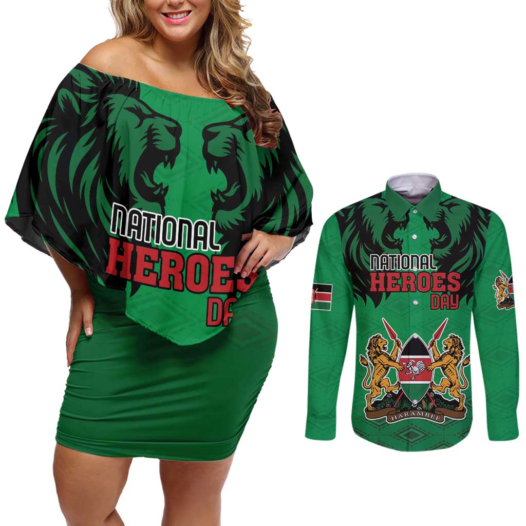Kenya National Heroes Day Couples Matching Off Shoulder Short Dress and Long Sleeve Button Shirt Mashujaa With Lion Head And Coat Of Arms - Wonder Print Shop