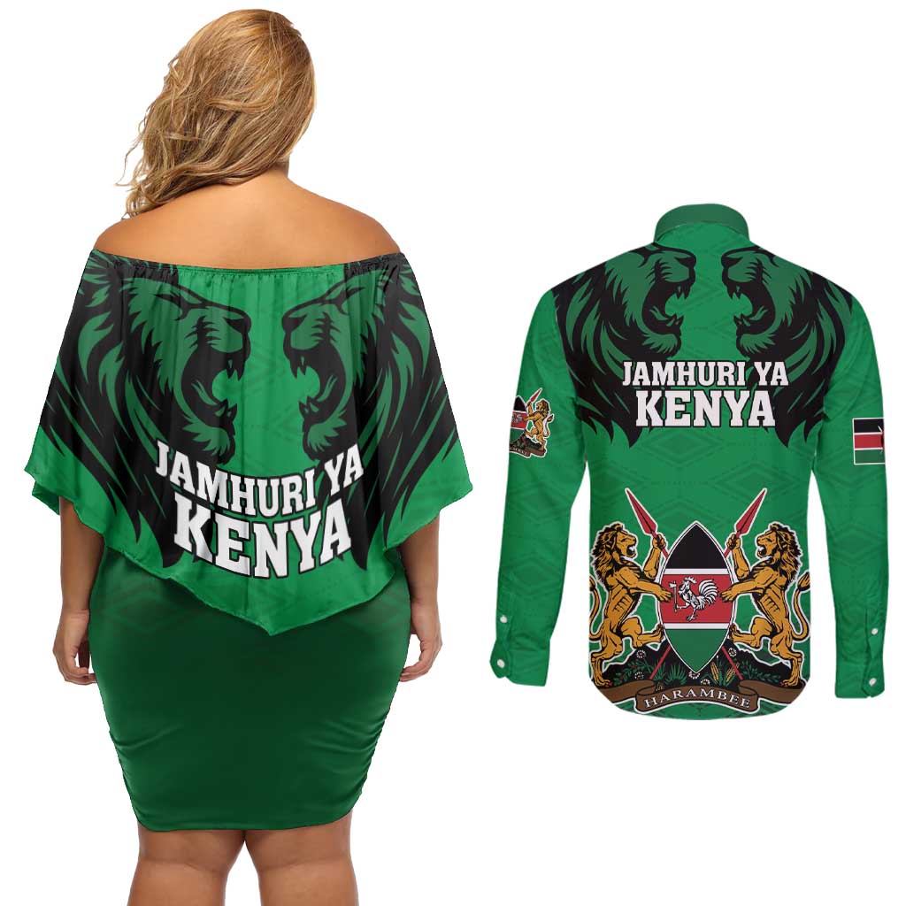 Kenya National Heroes Day Couples Matching Off Shoulder Short Dress and Long Sleeve Button Shirt Mashujaa With Lion Head And Coat Of Arms - Wonder Print Shop