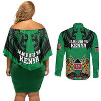 Kenya National Heroes Day Couples Matching Off Shoulder Short Dress and Long Sleeve Button Shirt Mashujaa With Lion Head And Coat Of Arms - Wonder Print Shop