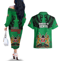 Kenya National Heroes Day Couples Matching Off The Shoulder Long Sleeve Dress and Hawaiian Shirt Mashujaa With Lion Head And Coat Of Arms - Wonder Print Shop