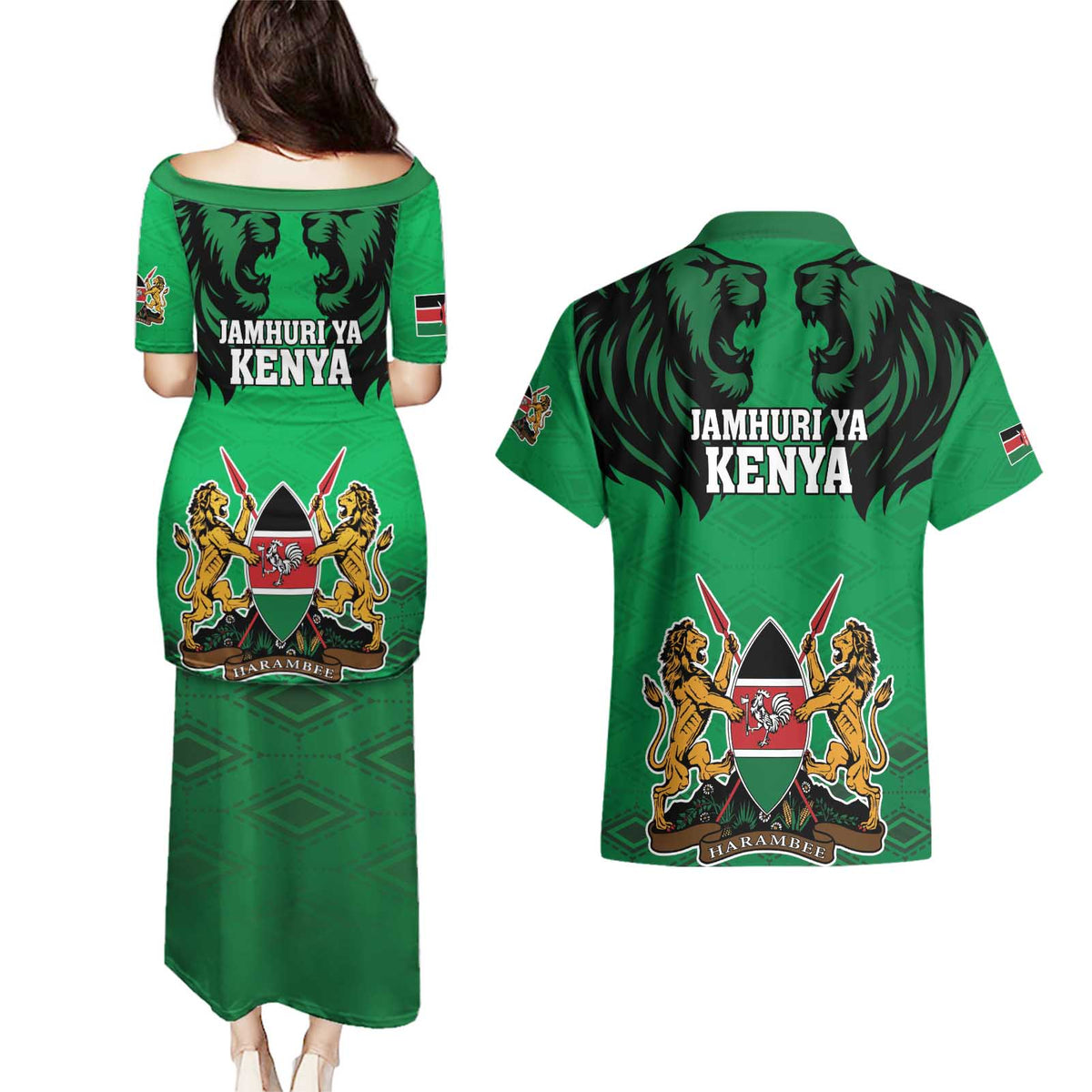 Kenya National Heroes Day Couples Matching Puletasi and Hawaiian Shirt Mashujaa With Lion Head And Coat Of Arms - Wonder Print Shop
