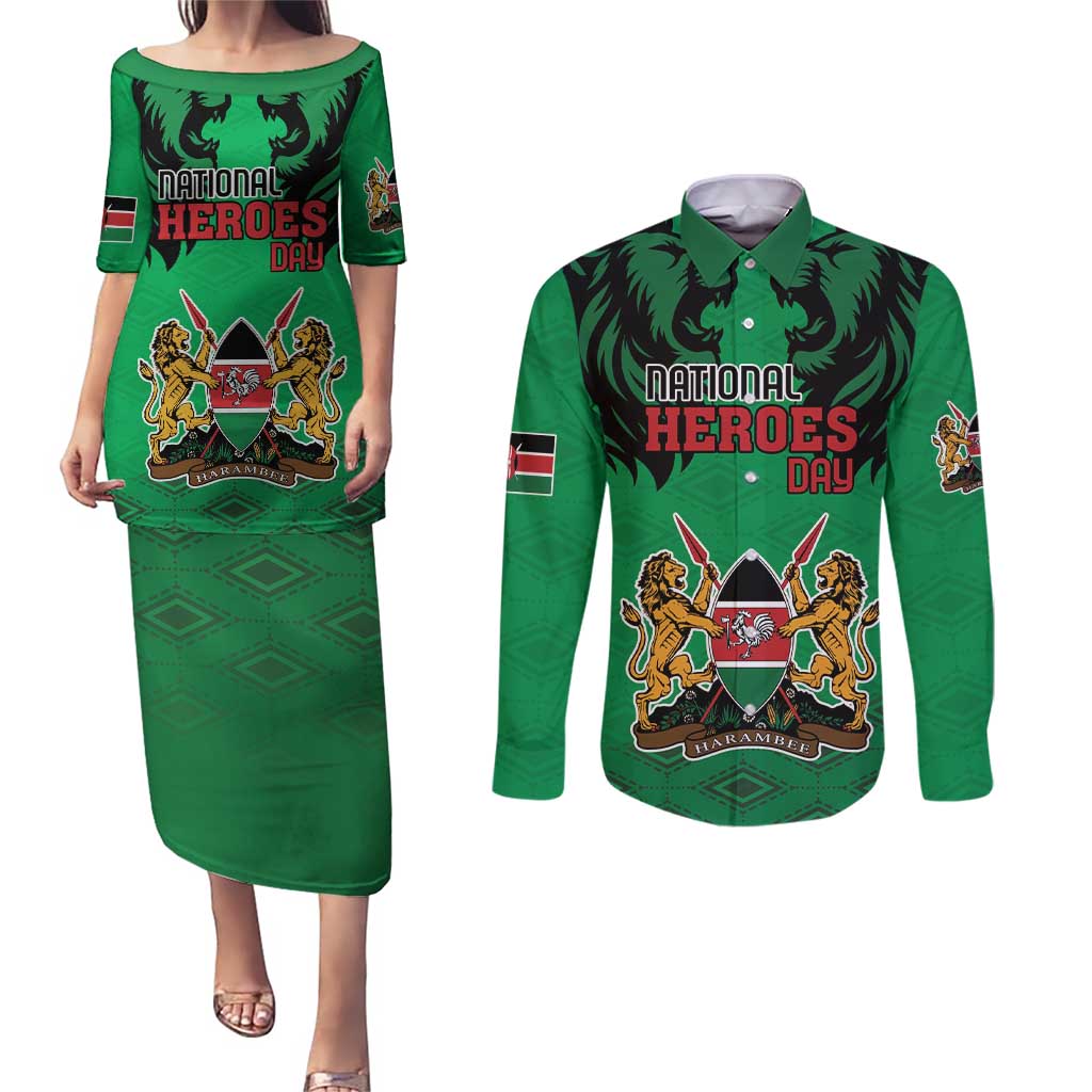 Kenya National Heroes Day Couples Matching Puletasi and Long Sleeve Button Shirt Mashujaa With Lion Head And Coat Of Arms - Wonder Print Shop
