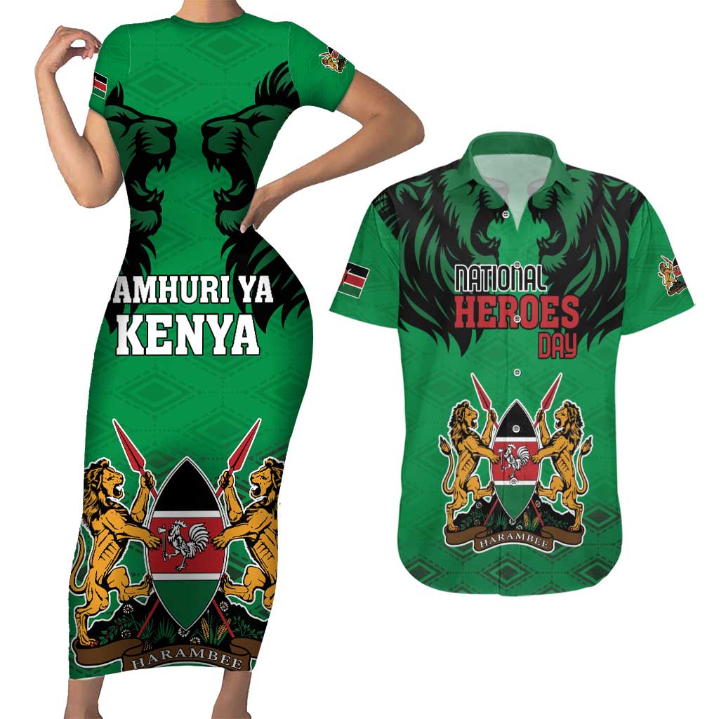 Kenya National Heroes Day Couples Matching Short Sleeve Bodycon Dress and Hawaiian Shirt Mashujaa With Lion Head And Coat Of Arms - Wonder Print Shop