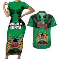 Kenya National Heroes Day Couples Matching Short Sleeve Bodycon Dress and Hawaiian Shirt Mashujaa With Lion Head And Coat Of Arms - Wonder Print Shop