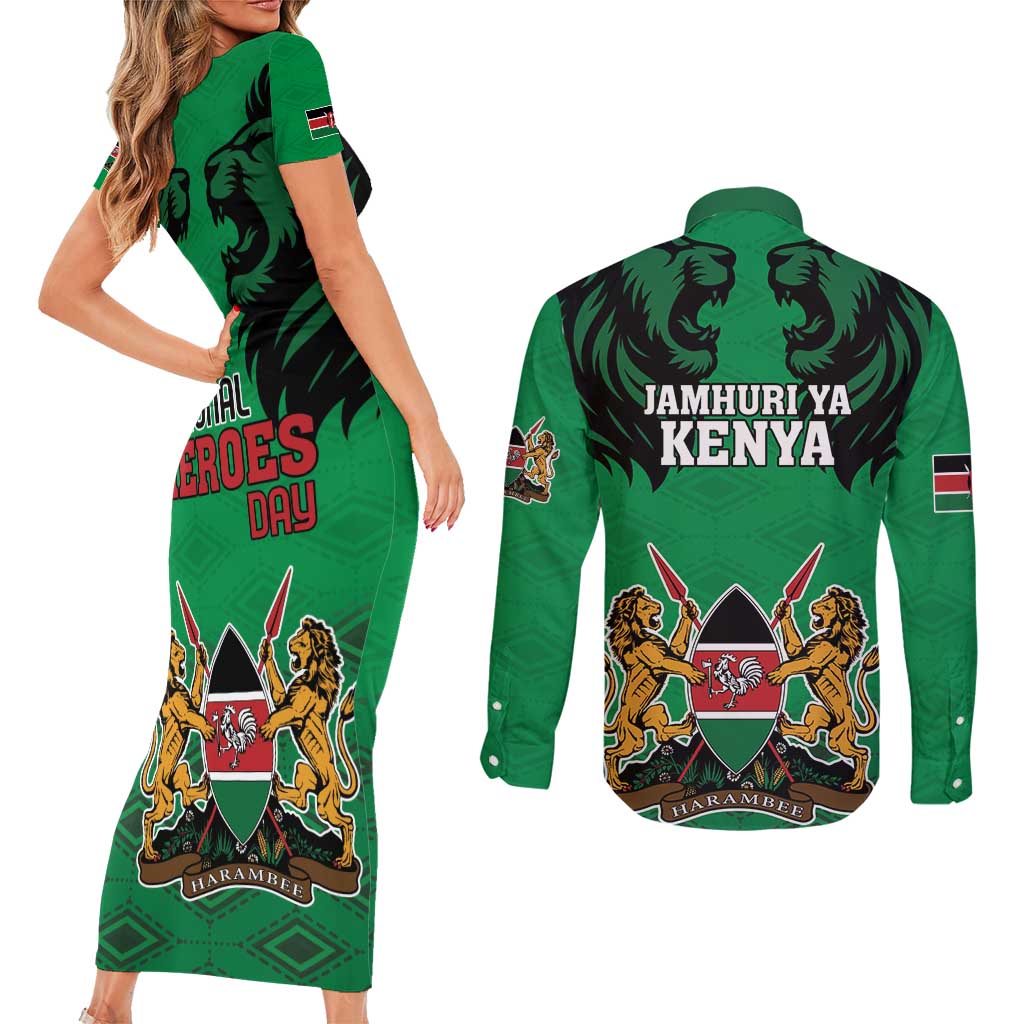 Kenya National Heroes Day Couples Matching Short Sleeve Bodycon Dress and Long Sleeve Button Shirt Mashujaa With Lion Head And Coat Of Arms - Wonder Print Shop