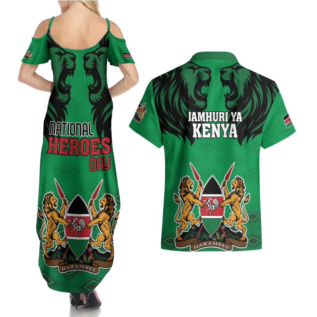 Kenya National Heroes Day Couples Matching Summer Maxi Dress and Hawaiian Shirt Mashujaa With Lion Head And Coat Of Arms - Wonder Print Shop