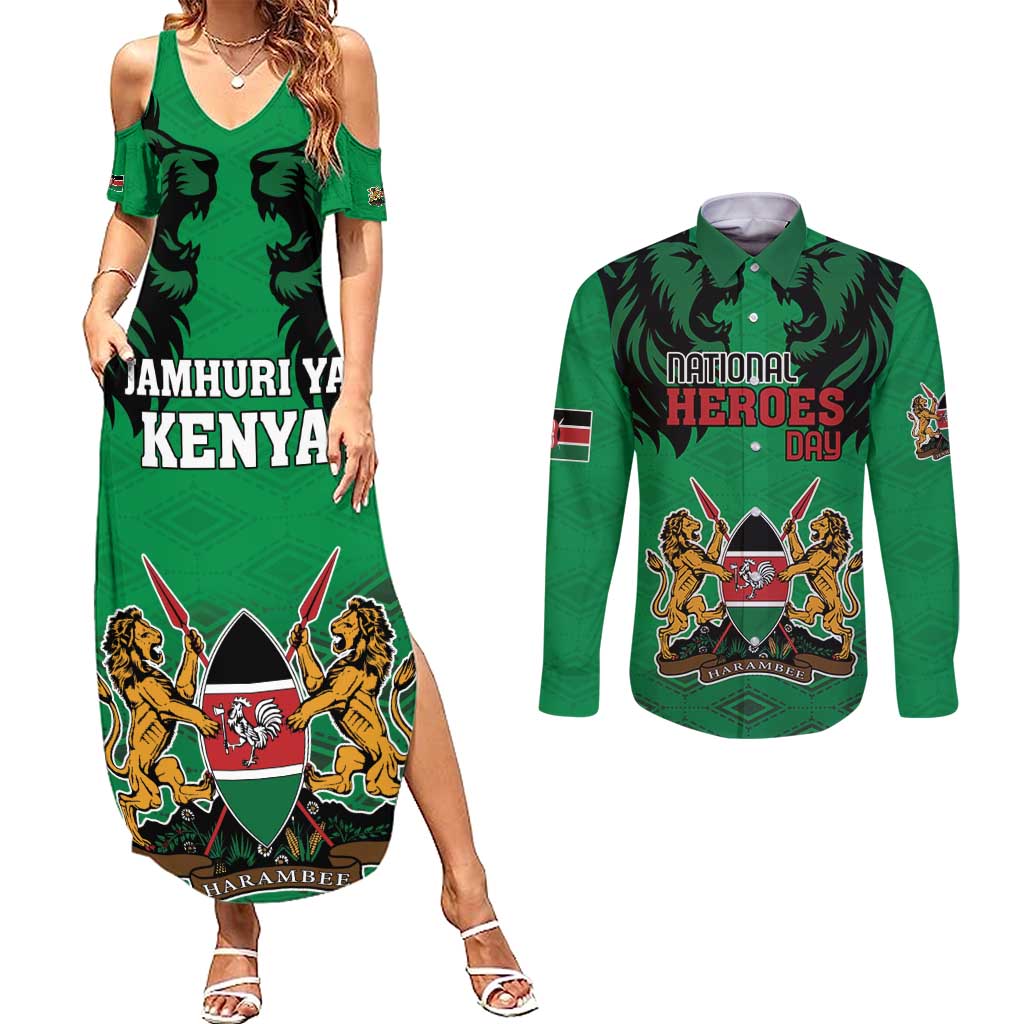 Kenya National Heroes Day Couples Matching Summer Maxi Dress and Long Sleeve Button Shirt Mashujaa With Lion Head And Coat Of Arms - Wonder Print Shop