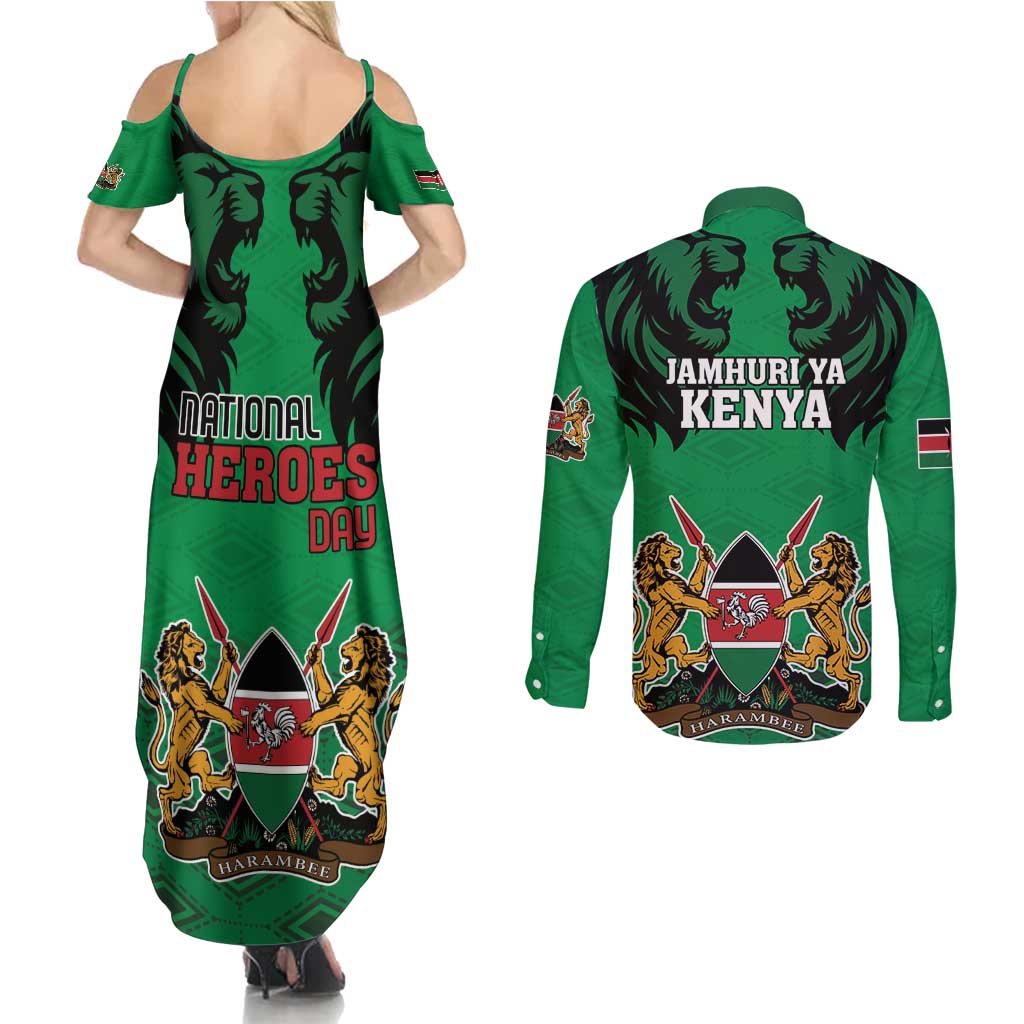 Kenya National Heroes Day Couples Matching Summer Maxi Dress and Long Sleeve Button Shirt Mashujaa With Lion Head And Coat Of Arms - Wonder Print Shop