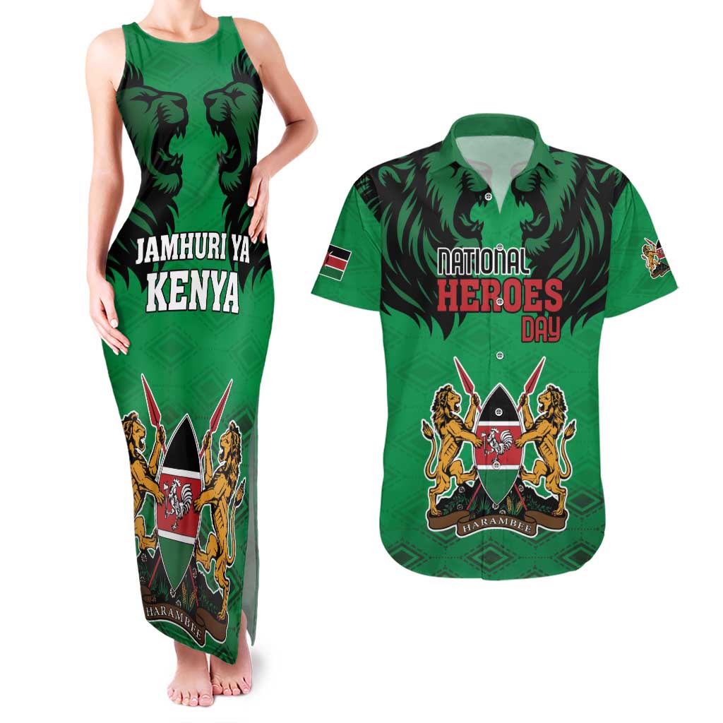 Kenya National Heroes Day Couples Matching Tank Maxi Dress and Hawaiian Shirt Mashujaa With Lion Head And Coat Of Arms - Wonder Print Shop