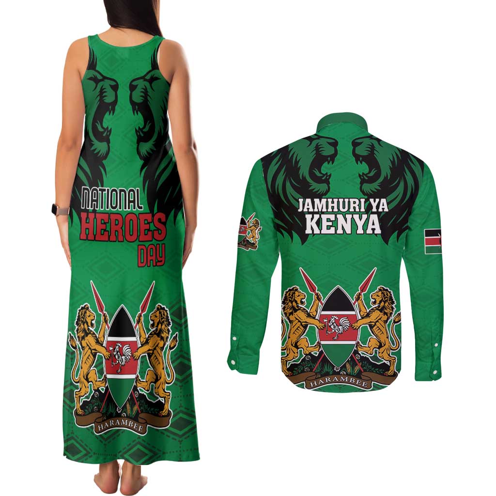 Kenya National Heroes Day Couples Matching Tank Maxi Dress and Long Sleeve Button Shirt Mashujaa With Lion Head And Coat Of Arms - Wonder Print Shop