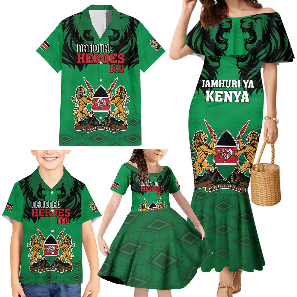 Kenya National Heroes Day Family Matching Mermaid Dress and Hawaiian Shirt Mashujaa With Lion Head And Coat Of Arms - Wonder Print Shop
