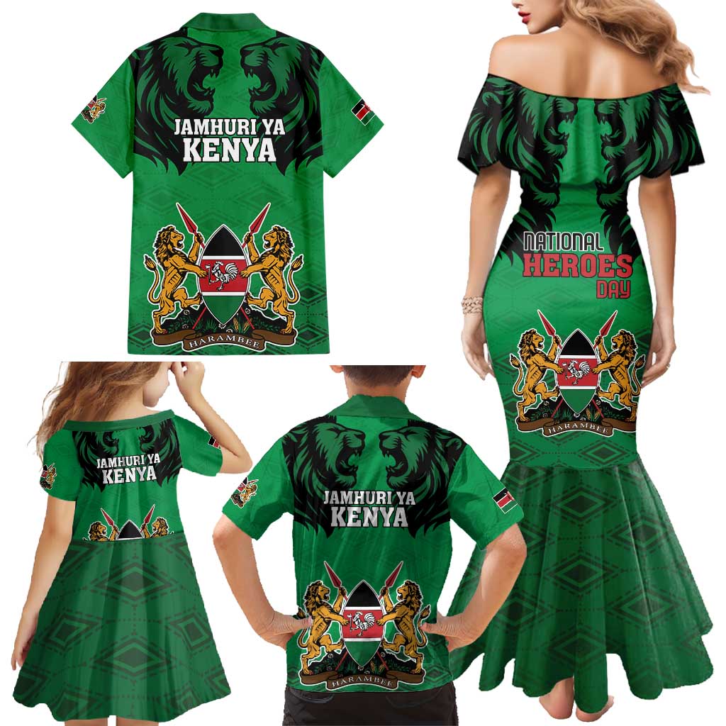 Kenya National Heroes Day Family Matching Mermaid Dress and Hawaiian Shirt Mashujaa With Lion Head And Coat Of Arms - Wonder Print Shop