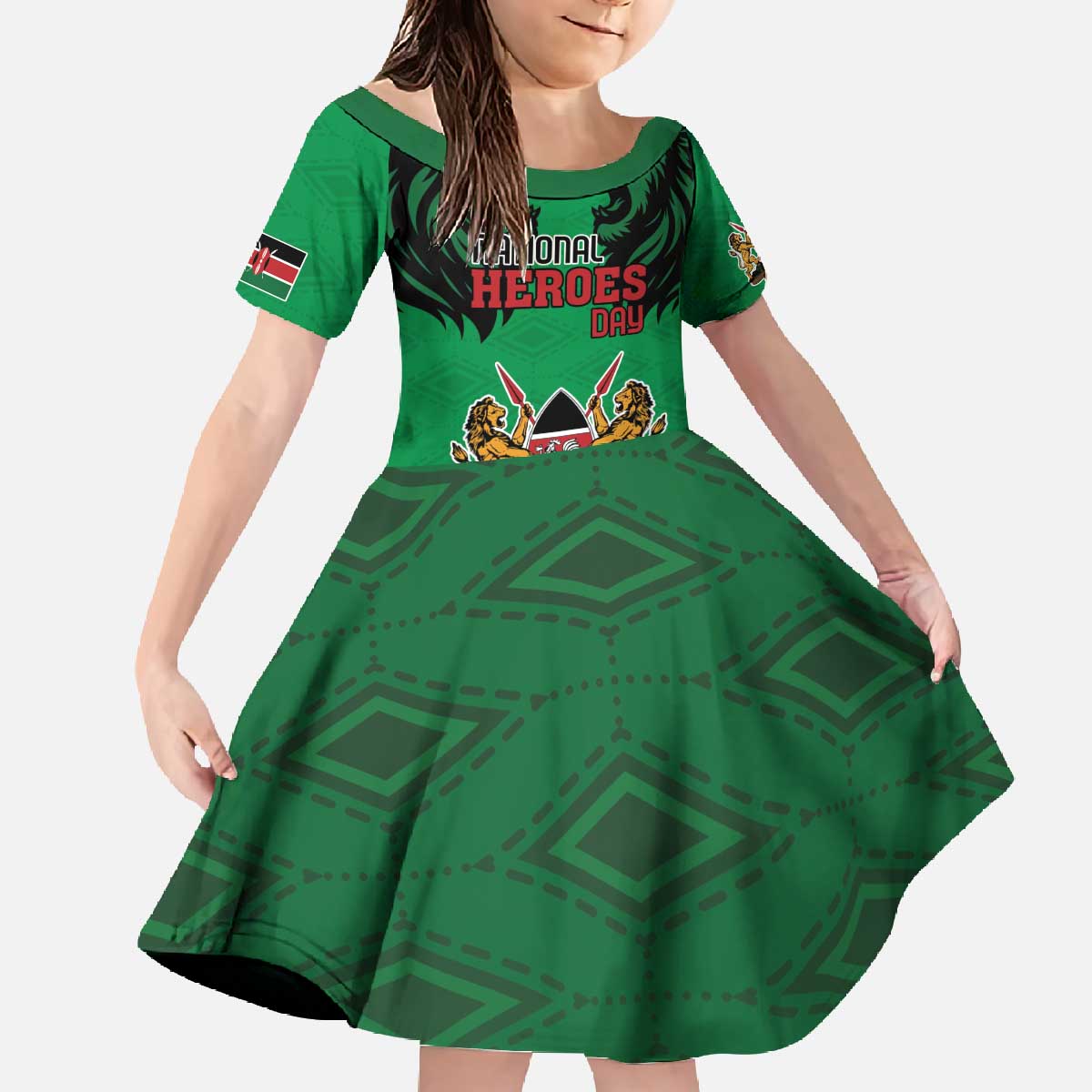 Kenya National Heroes Day Family Matching Off The Shoulder Long Sleeve Dress and Hawaiian Shirt Mashujaa With Lion Head And Coat Of Arms - Wonder Print Shop
