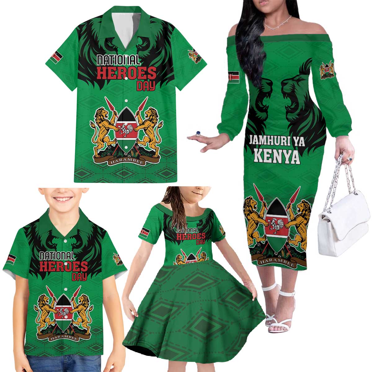 Kenya National Heroes Day Family Matching Off The Shoulder Long Sleeve Dress and Hawaiian Shirt Mashujaa With Lion Head And Coat Of Arms - Wonder Print Shop
