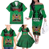 Kenya National Heroes Day Family Matching Off The Shoulder Long Sleeve Dress and Hawaiian Shirt Mashujaa With Lion Head And Coat Of Arms - Wonder Print Shop