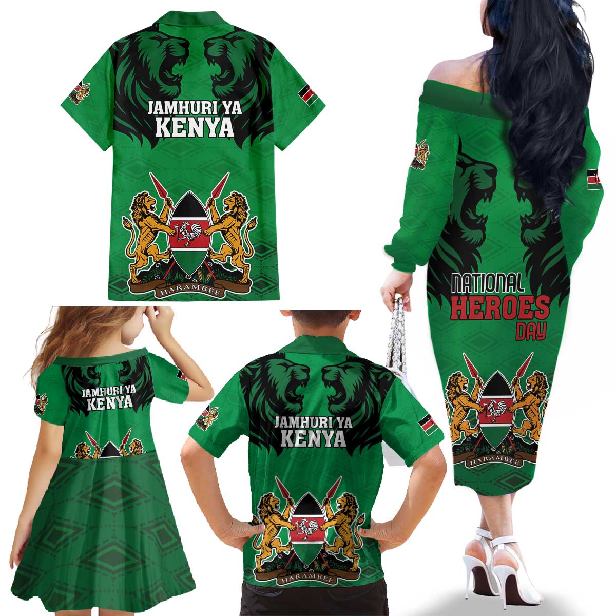Kenya National Heroes Day Family Matching Off The Shoulder Long Sleeve Dress and Hawaiian Shirt Mashujaa With Lion Head And Coat Of Arms - Wonder Print Shop