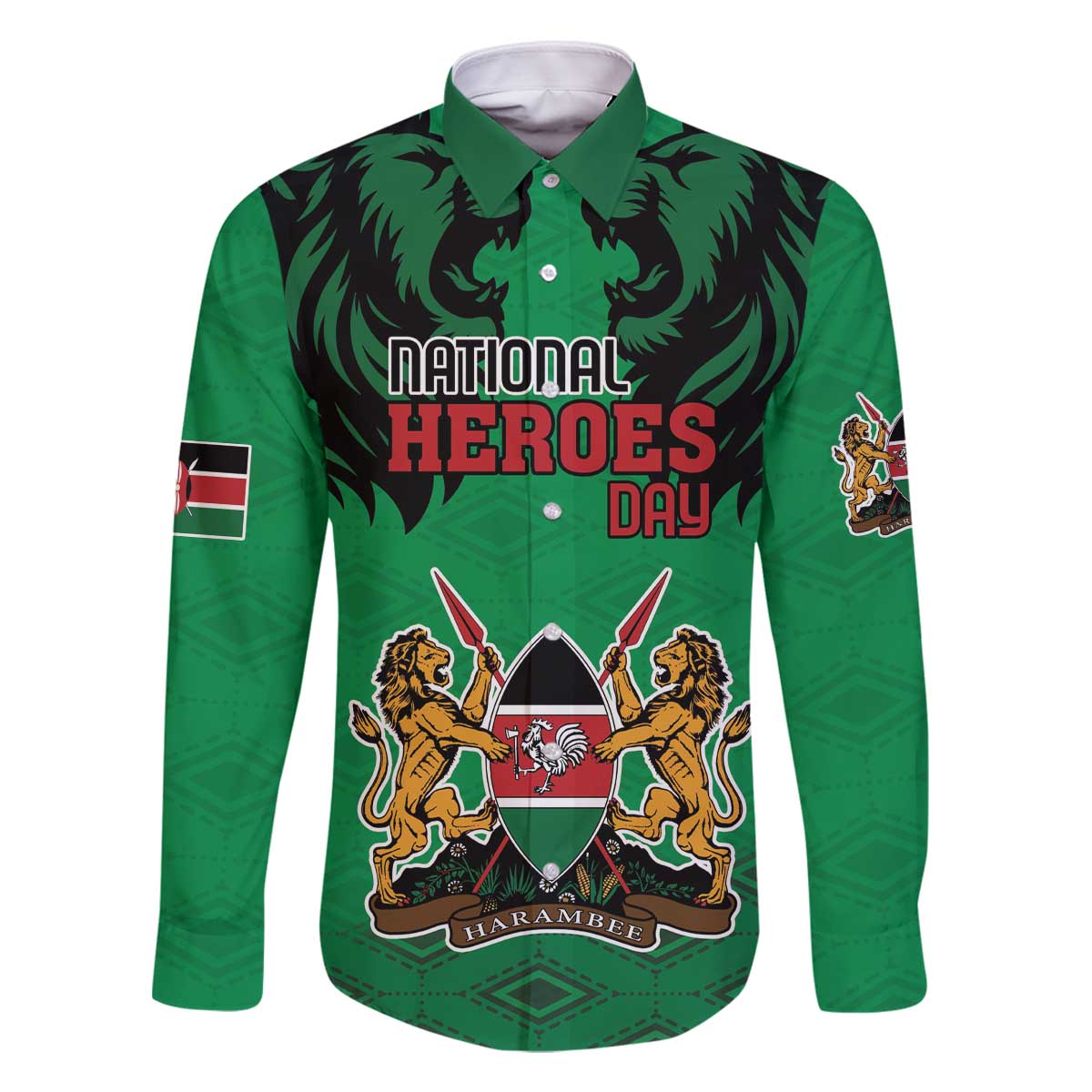 Kenya National Heroes Day Family Matching Off The Shoulder Long Sleeve Dress and Hawaiian Shirt Mashujaa With Lion Head And Coat Of Arms - Wonder Print Shop