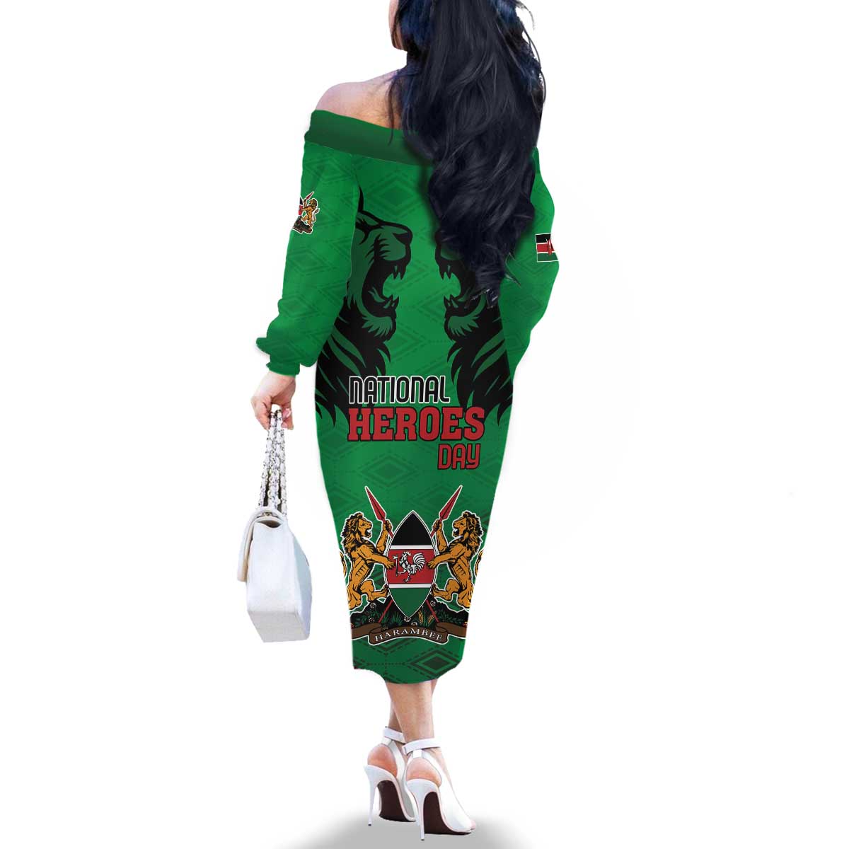 Kenya National Heroes Day Family Matching Off The Shoulder Long Sleeve Dress and Hawaiian Shirt Mashujaa With Lion Head And Coat Of Arms - Wonder Print Shop