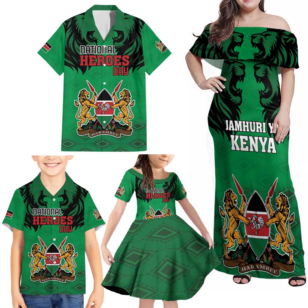 Kenya National Heroes Day Family Matching Off Shoulder Maxi Dress and Hawaiian Shirt Mashujaa With Lion Head And Coat Of Arms - Wonder Print Shop