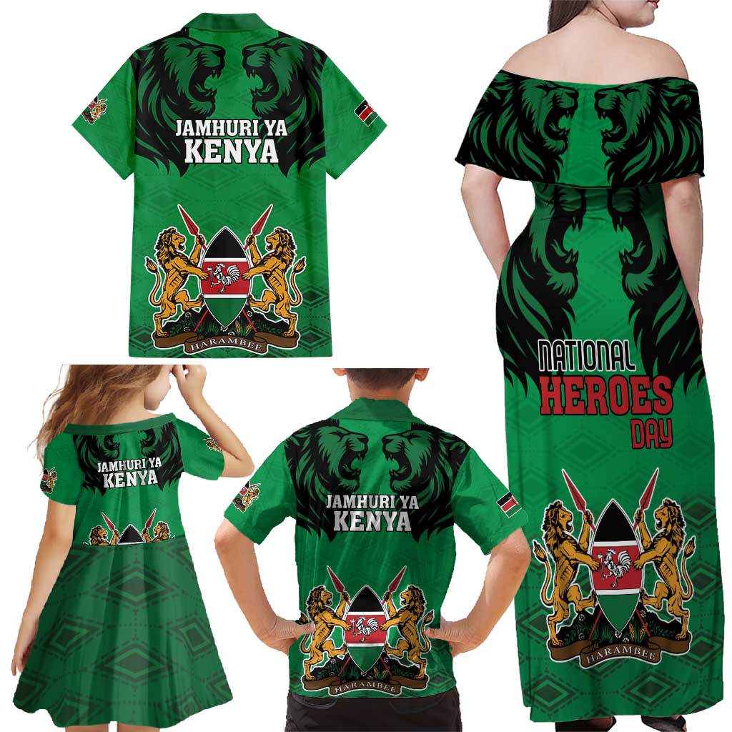 Kenya National Heroes Day Family Matching Off Shoulder Maxi Dress and Hawaiian Shirt Mashujaa With Lion Head And Coat Of Arms - Wonder Print Shop
