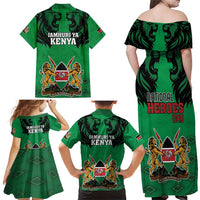 Kenya National Heroes Day Family Matching Off Shoulder Maxi Dress and Hawaiian Shirt Mashujaa With Lion Head And Coat Of Arms - Wonder Print Shop