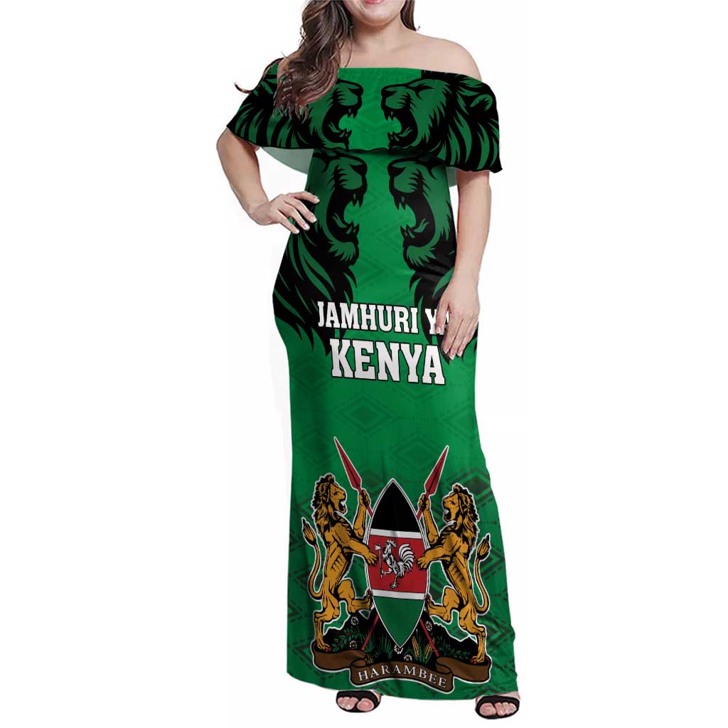 Kenya National Heroes Day Family Matching Off Shoulder Maxi Dress and Hawaiian Shirt Mashujaa With Lion Head And Coat Of Arms - Wonder Print Shop